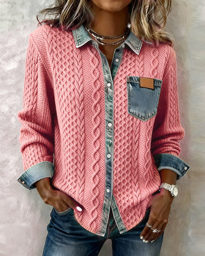 Wilder | Women's Cable Knit Denim Contrast Button-Up Long Sleeve Shirt