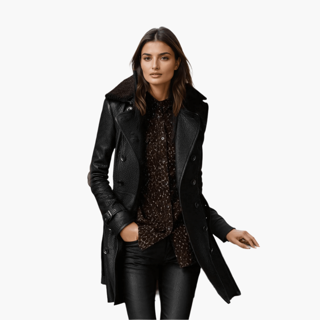 Marlowe | Women's Double-Breasted Belted Shearling Collar Trench Coat