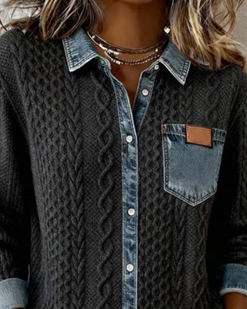 Wilder | Women's Cable Knit Denim Contrast Button-Up Long Sleeve Shirt