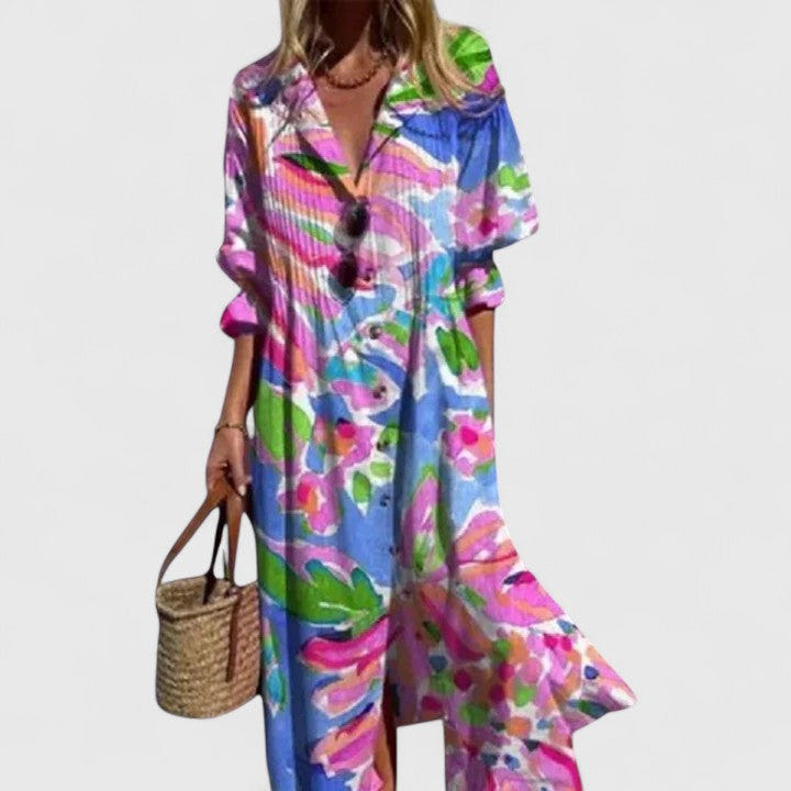 Paula | Women's Boho Floral Collared Button Down Casual Summer Maxi Dress