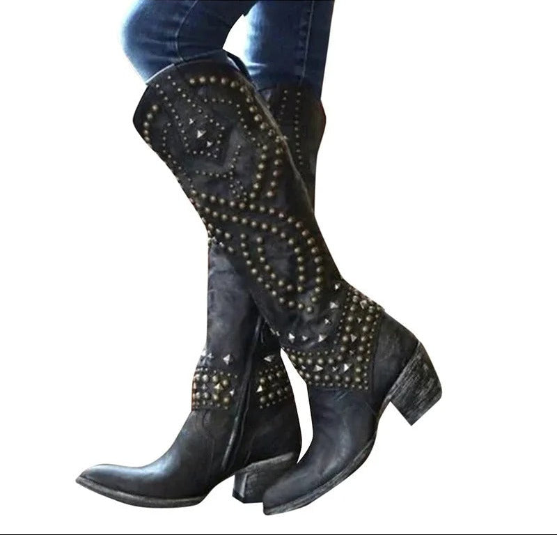 Talwyn | Women's Studded Western Pointed Toe Block Heel Knee-High Boot