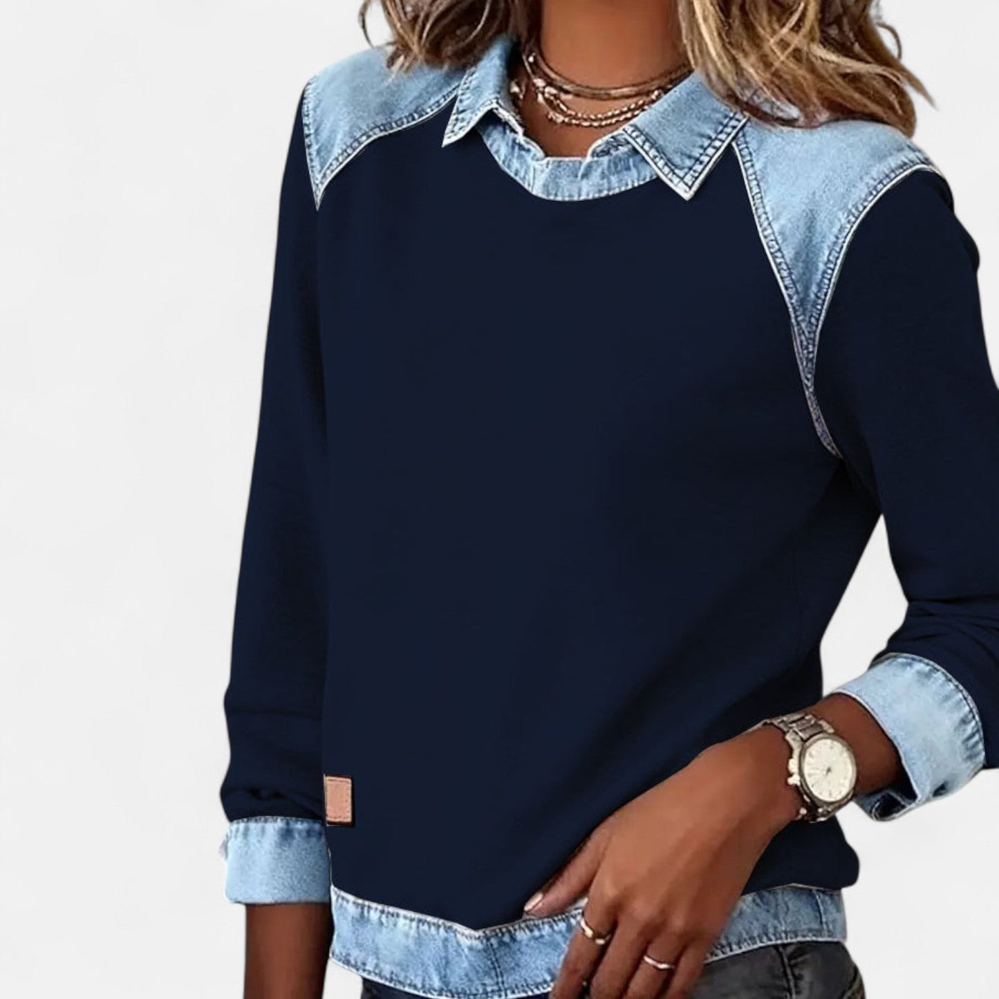 Delaney | Women's Collared Denim Contrast Long Sleeve Jumper