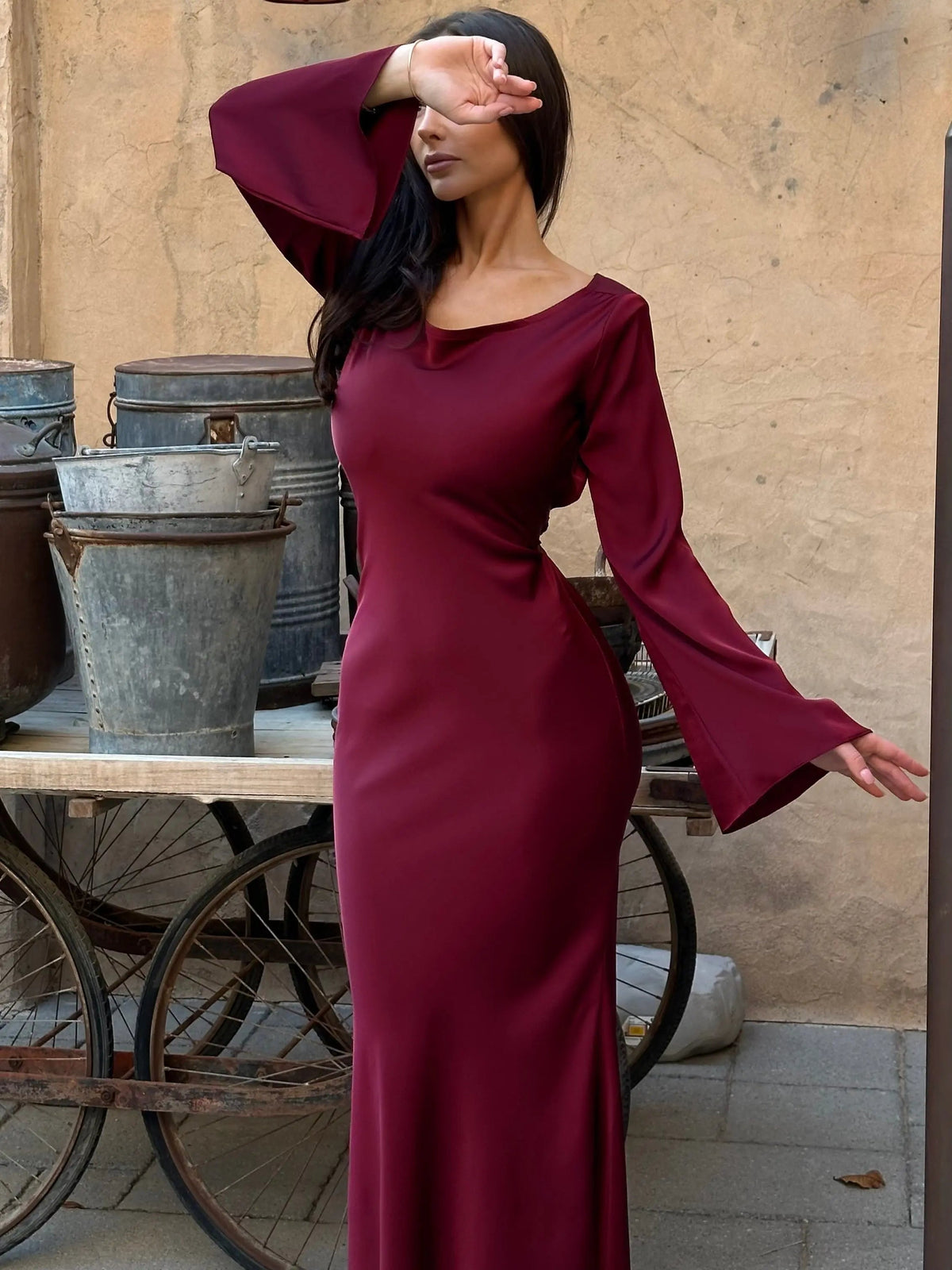 Ariadne | Women's Long Sleeve Satin Flowing Maxi Dress