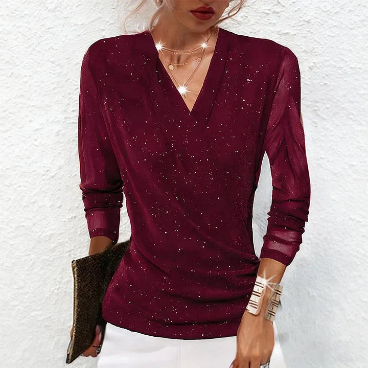 Ophelia | Women's Draped V Neck Sparkle Long Sleeve Going Out Top