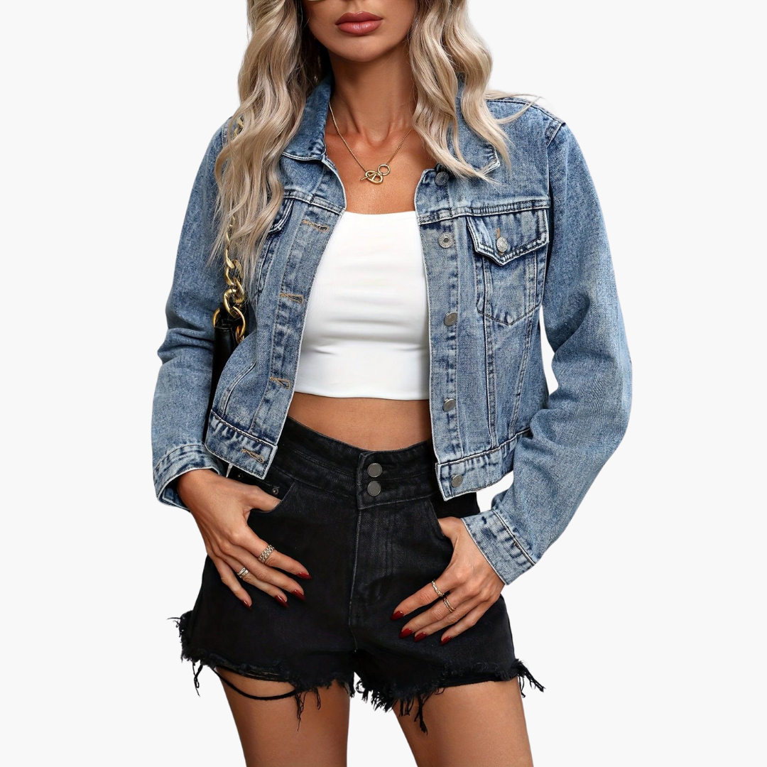 Marlowe | Women's Cropped Fitted Collared Denim Jacket