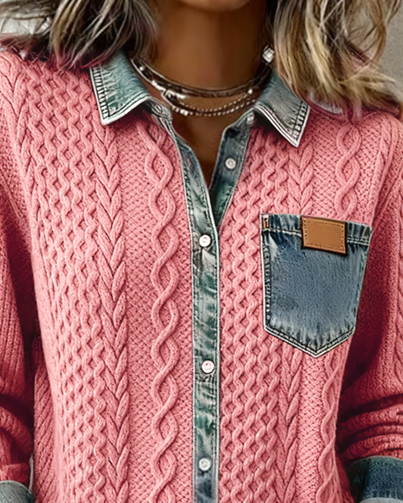 Wilder | Women's Cable Knit Denim Contrast Button-Up Long Sleeve Shirt