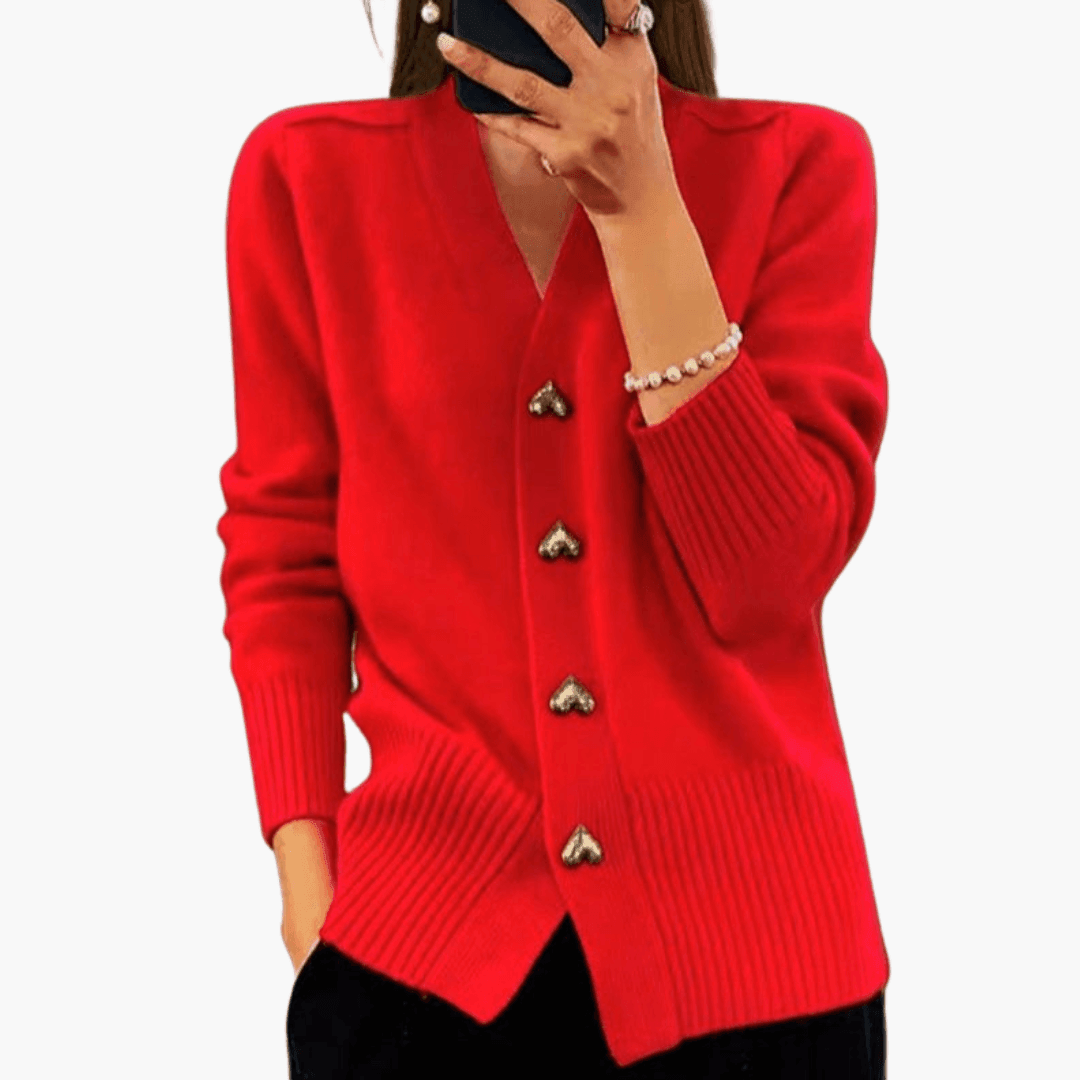 Elara | Women's Button-Up V-Neck Knit Heart-Button Cardigan