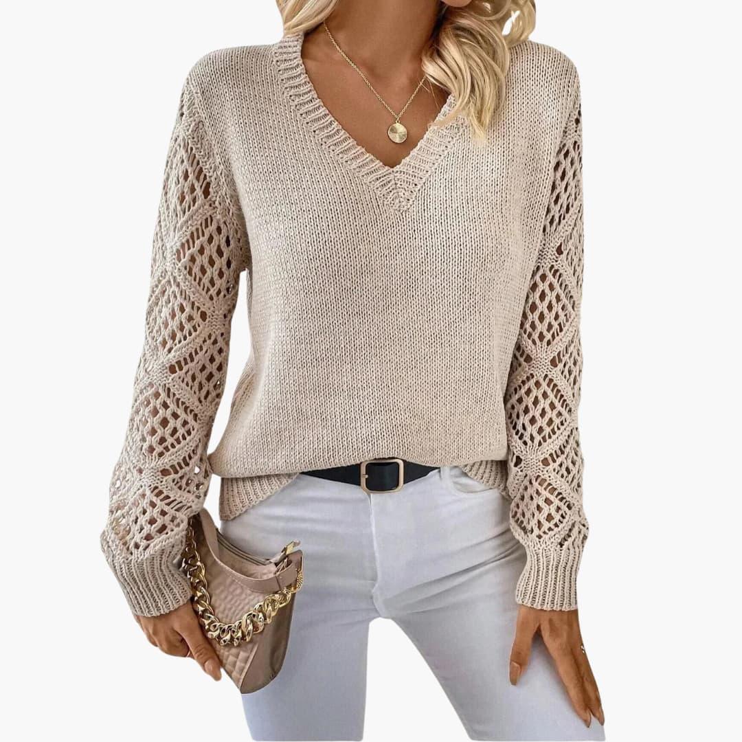 Elowen | Women's V-Neck Crochet Sleeve Relaxed Fit Jumper