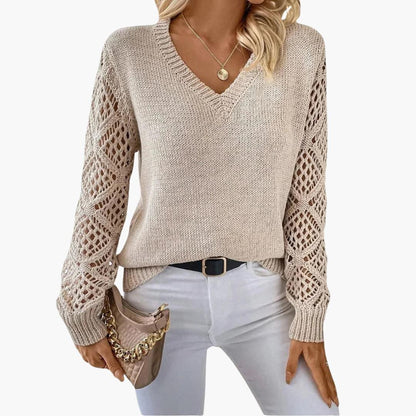 Elowen | Women's V-Neck Crochet Sleeve Relaxed Fit Jumper