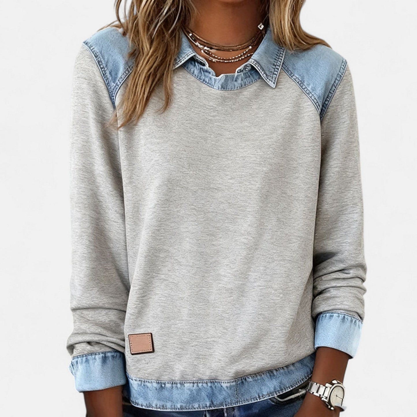 Delaney | Women's Collared Denim Contrast Long Sleeve Jumper
