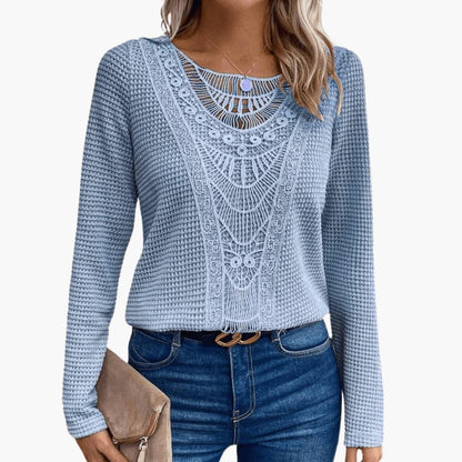 Elara | Women's Long Sleeve Crochet Waffle Knit Top