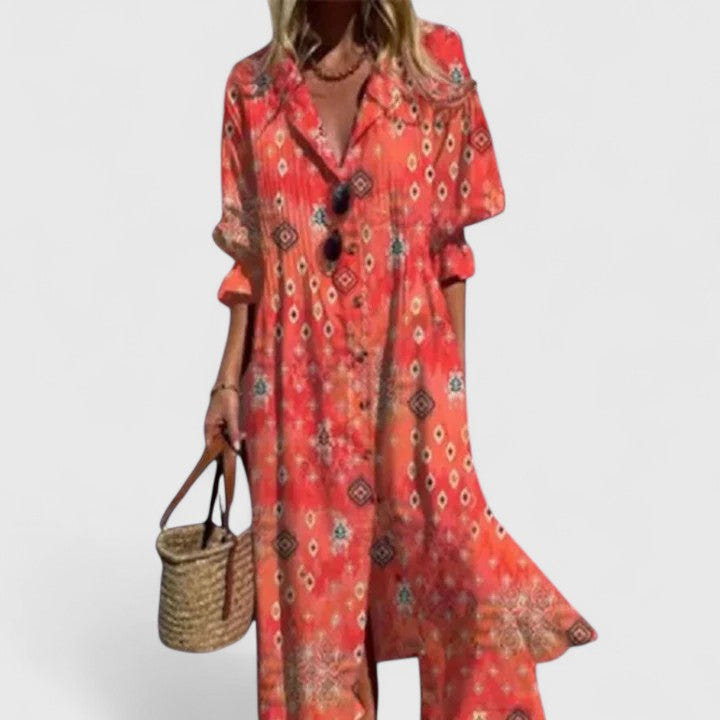 Paula | Women's Boho Floral Collared Button Down Casual Summer Maxi Dress