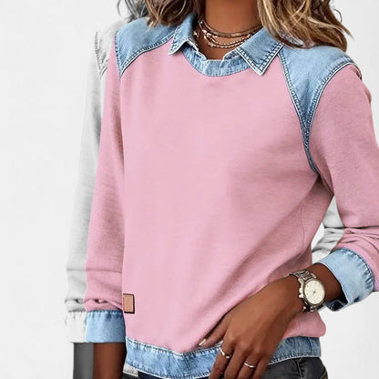 Delaney | Women's Collared Denim Contrast Long Sleeve Jumper