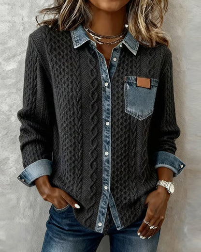Wilder | Women's Cable Knit Denim Contrast Button-Up Long Sleeve Shirt