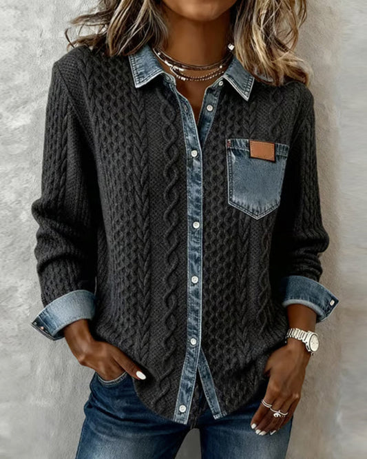 Wilder | Women's Cable Knit Denim Contrast Button-Up Long Sleeve Shirt