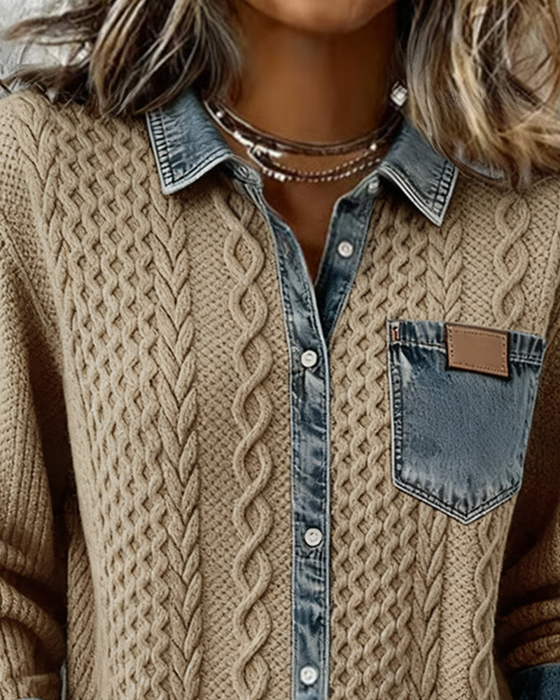 Wilder | Women's Cable Knit Denim Contrast Button-Up Long Sleeve Shirt