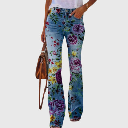 Wildflower | Women's High Waisted Floral Print Flared Denim Jeans