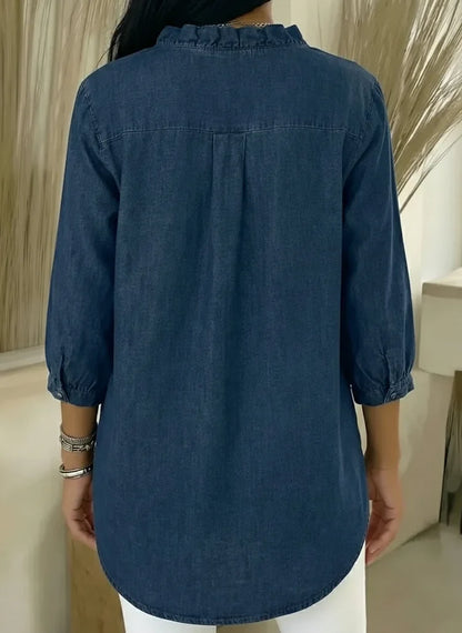 Delyth | Women's Denim V-Neck Ruffled Relaxed Fit Shirt