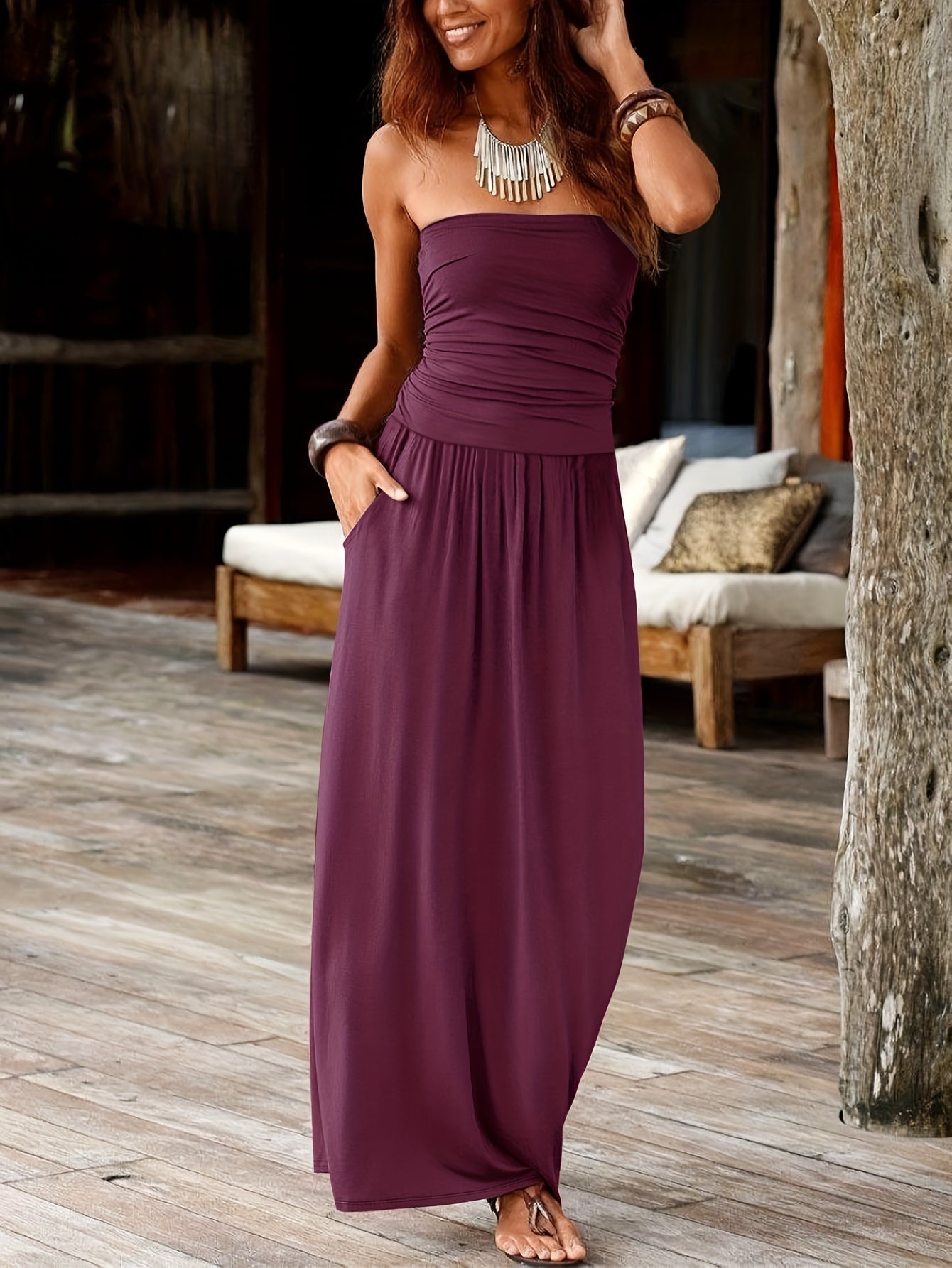 Talia | Women's Bandeau Strapless Ruched Summer Maxi Dress