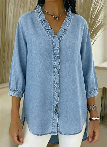 Delyth | Women's Denim V-Neck Ruffled Relaxed Fit Shirt