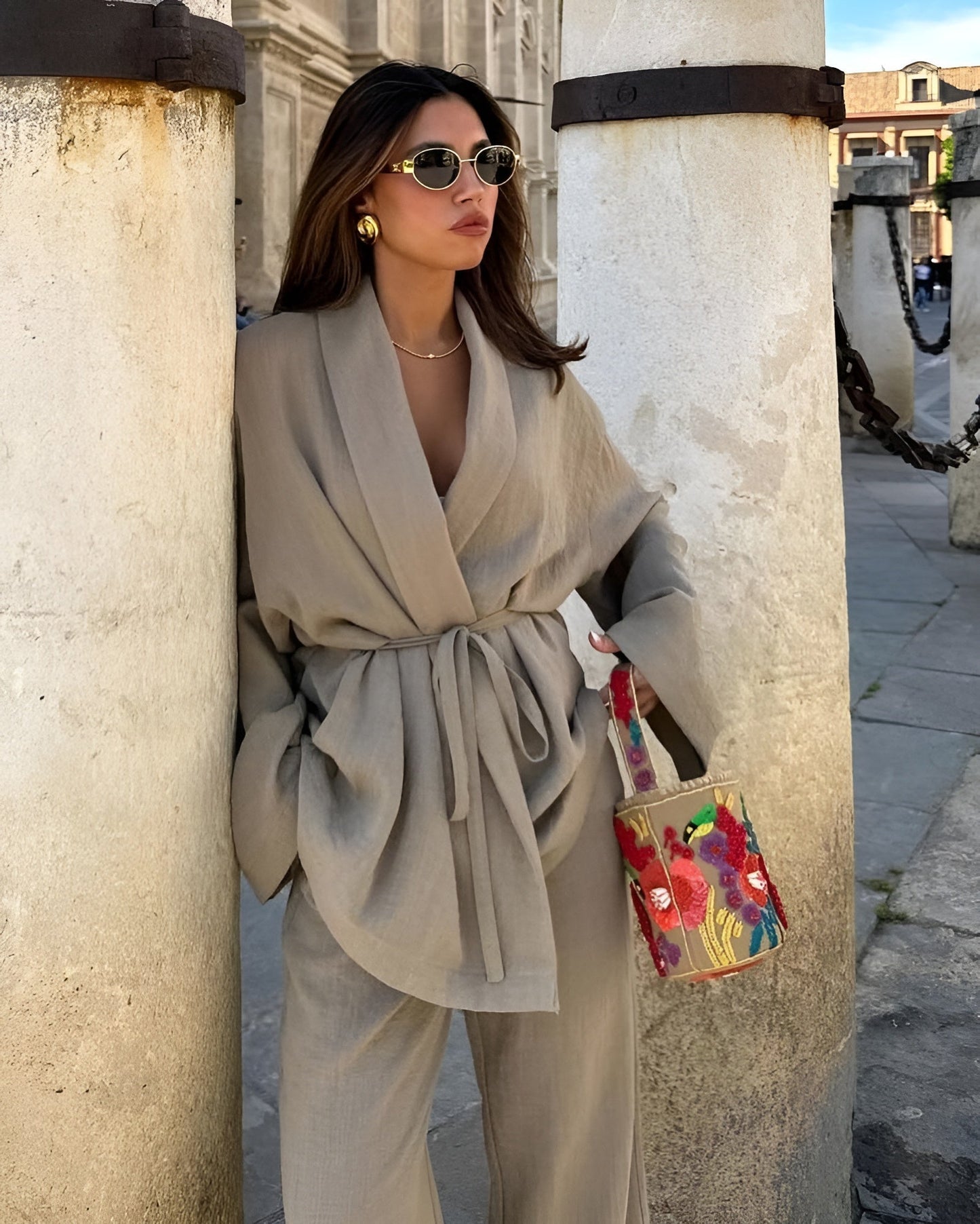 Liora | Women's Belted Wrap Wide-Leg Two-Piece Set