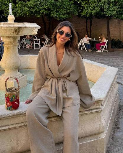 Liora | Women's Belted Wrap Wide-Leg Two-Piece Set