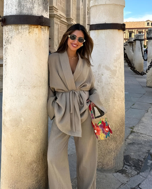 Liora | Women's Belted Wrap Wide-Leg Two-Piece Set