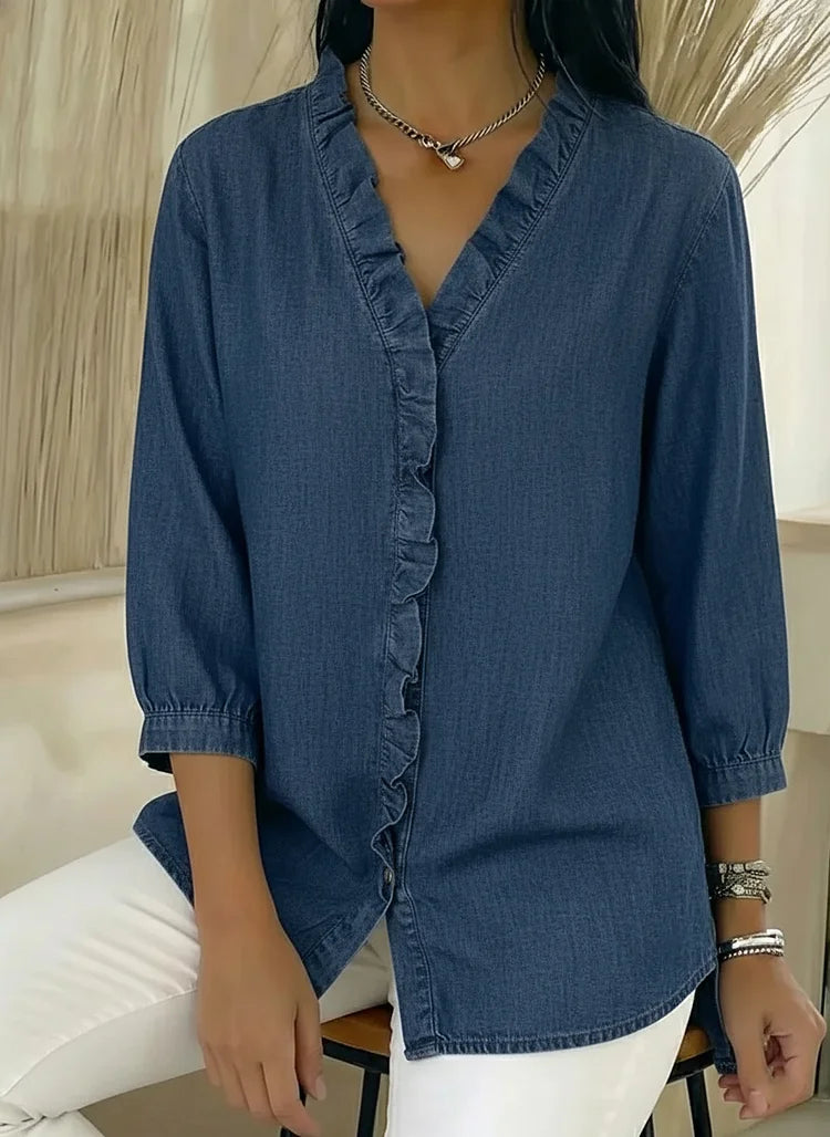 Delyth | Women's Denim V-Neck Ruffled Relaxed Fit Shirt
