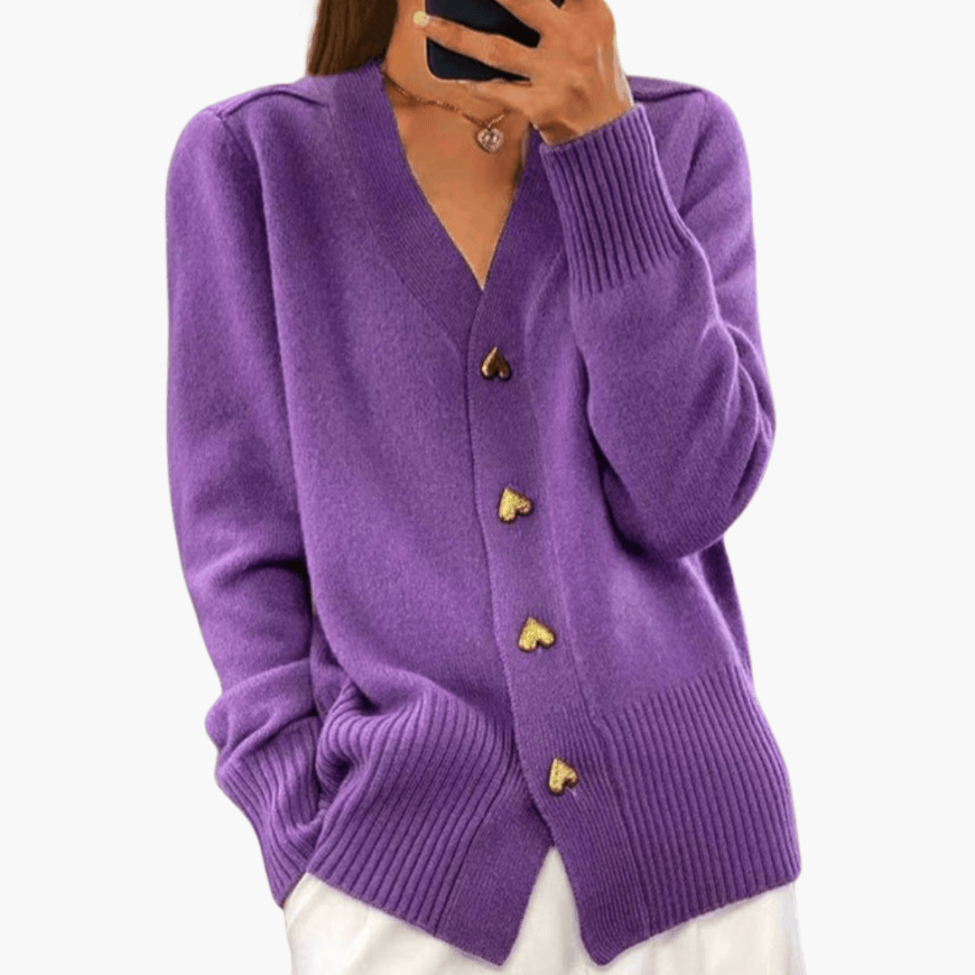 Elara | Women's Button-Up V-Neck Knit Heart-Button Cardigan