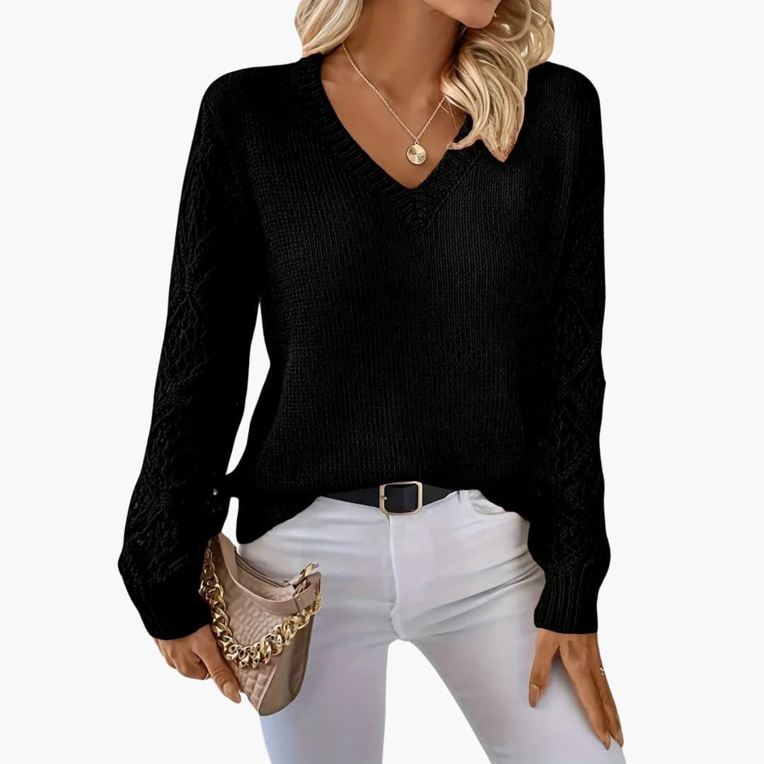 Elowen | Women's V-Neck Crochet Sleeve Relaxed Fit Jumper