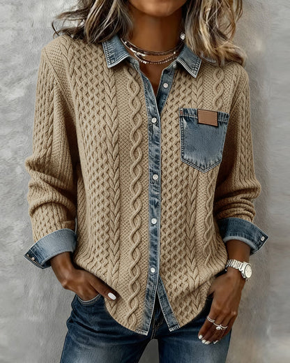 Wilder | Women's Cable Knit Denim Contrast Button-Up Long Sleeve Shirt