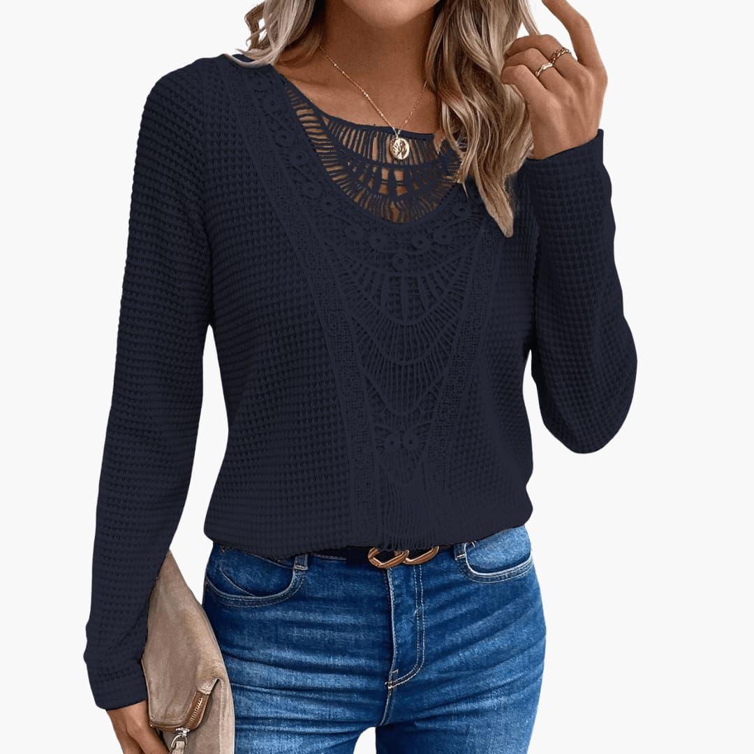 Elara | Women's Long Sleeve Crochet Waffle Knit Top