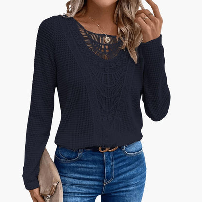 Elara | Women's Long Sleeve Crochet Waffle Knit Top