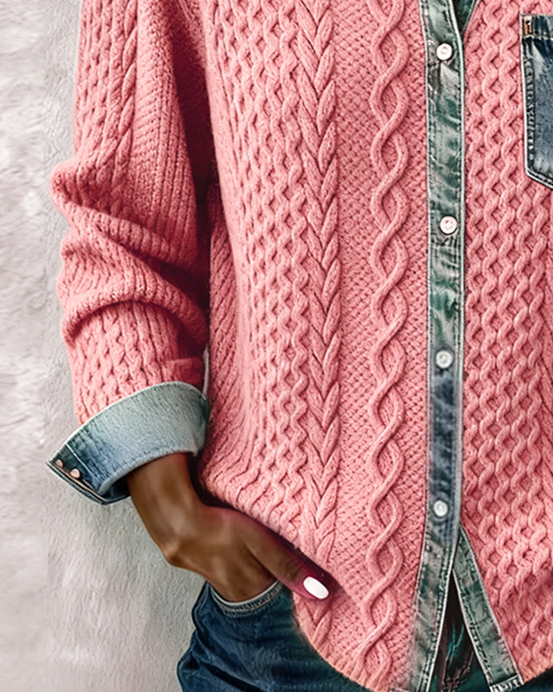 Wilder | Women's Cable Knit Denim Contrast Button-Up Long Sleeve Shirt