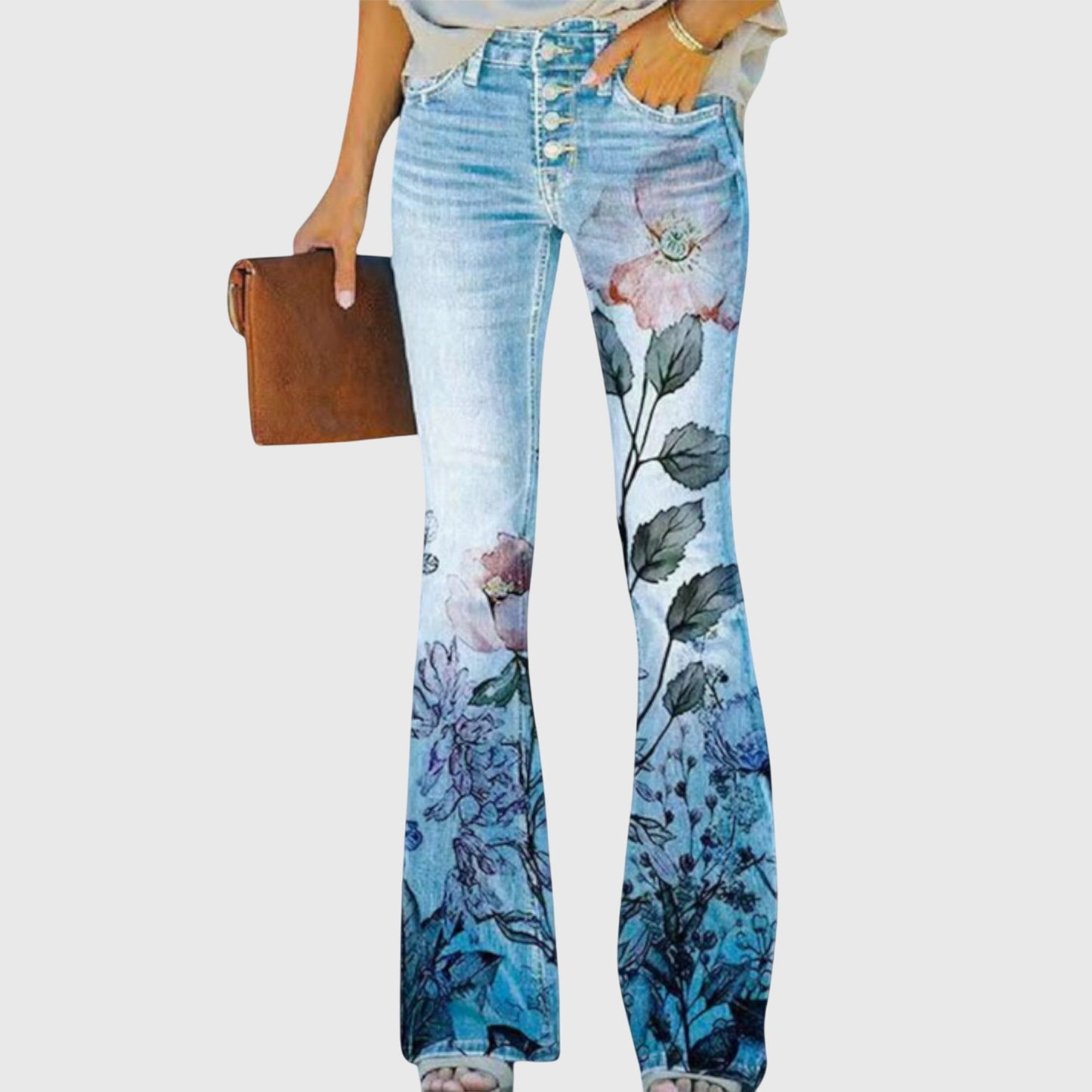 Wildflower | Women's High Waisted Floral Print Flared Denim Jeans