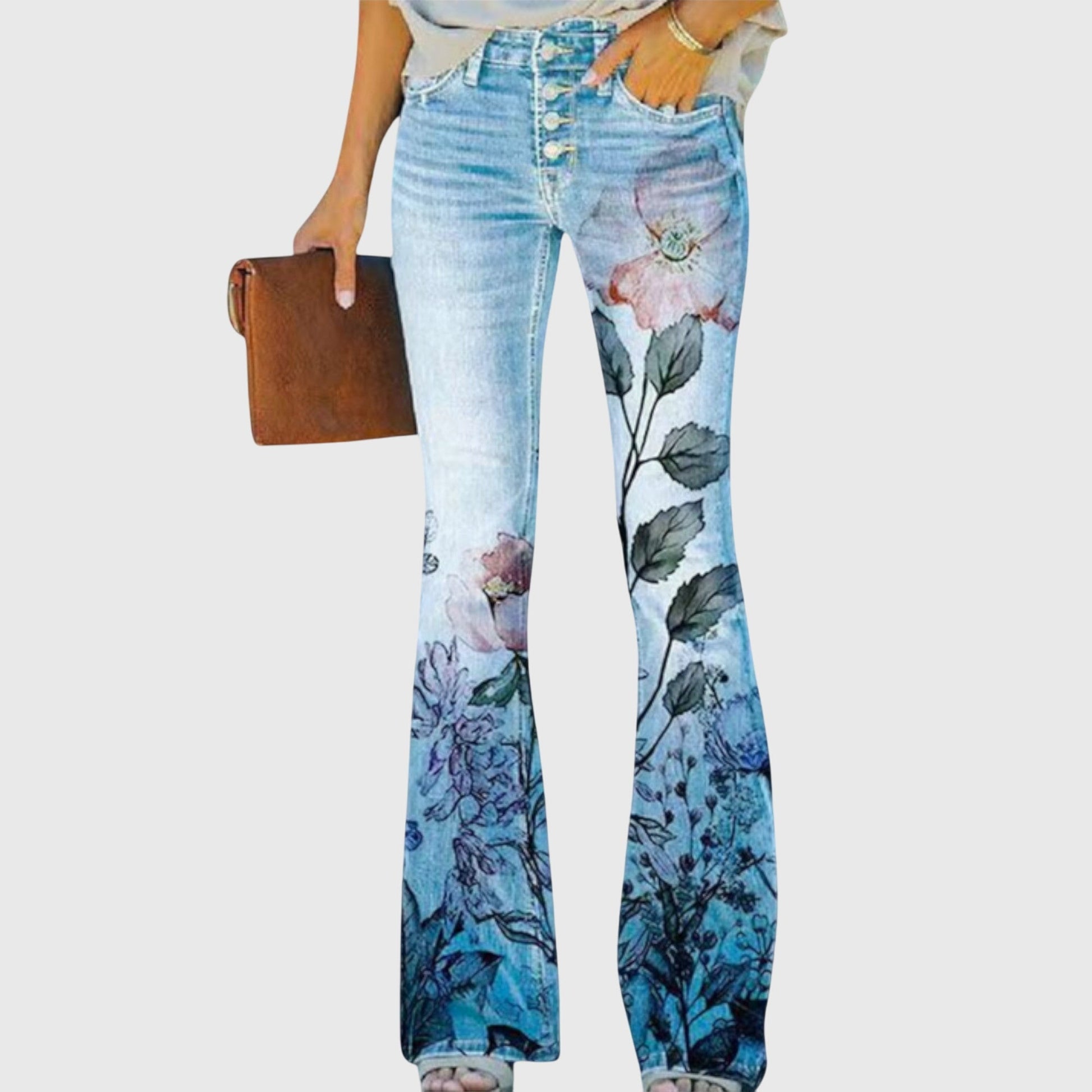 Wildflower | Women's High Waisted Floral Print Flared Denim Jeans
