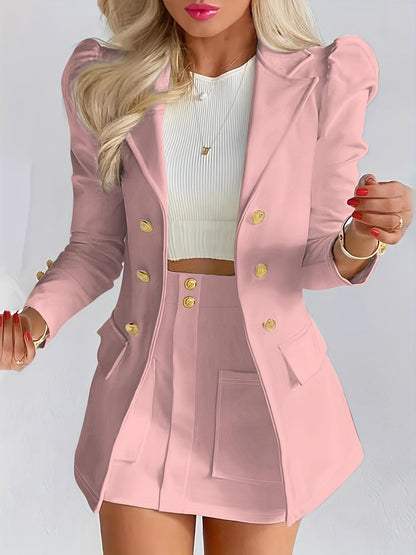 Elodie | Women's Tailored Puff Sleeve Double Breasted Blazer Skirt Two Piece Set