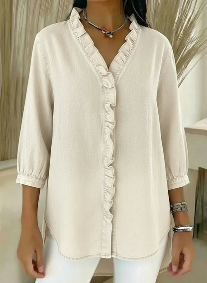 Delyth | Women's Denim V-Neck Ruffled Relaxed Fit Shirt