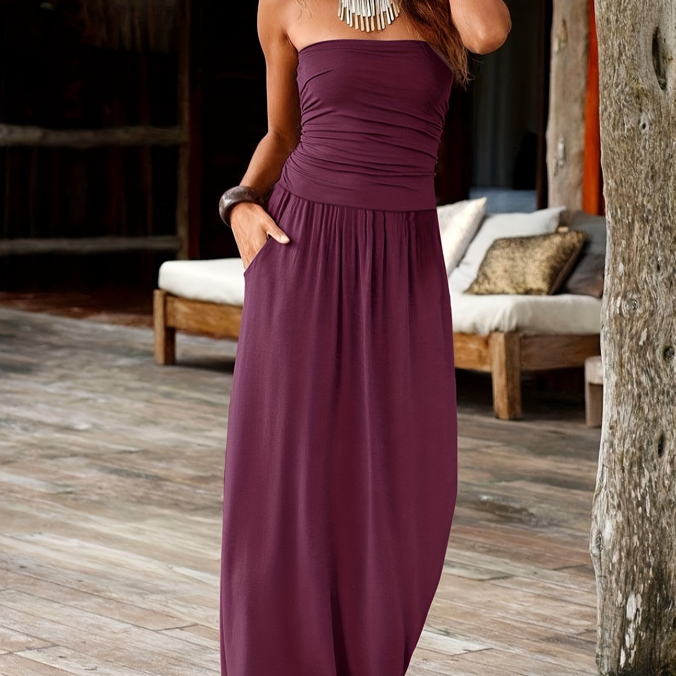 Talia | Women's Bandeau Strapless Ruched Summer Maxi Dress