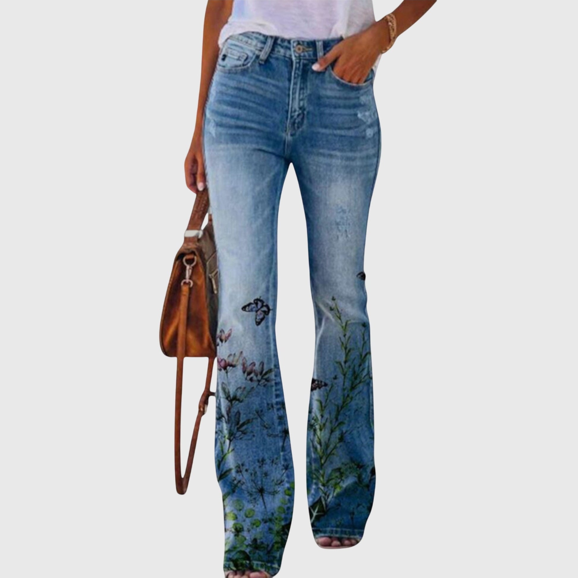 Wildflower | Women's High Waisted Floral Print Flared Denim Jeans