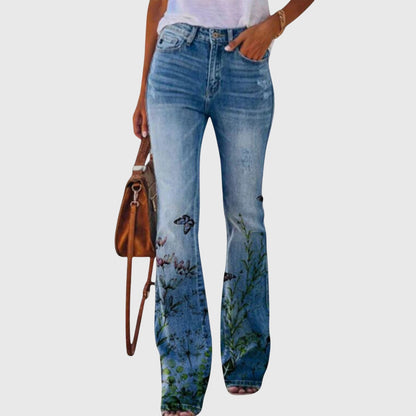 Wildflower | Women's High Waisted Floral Print Flared Denim Jeans