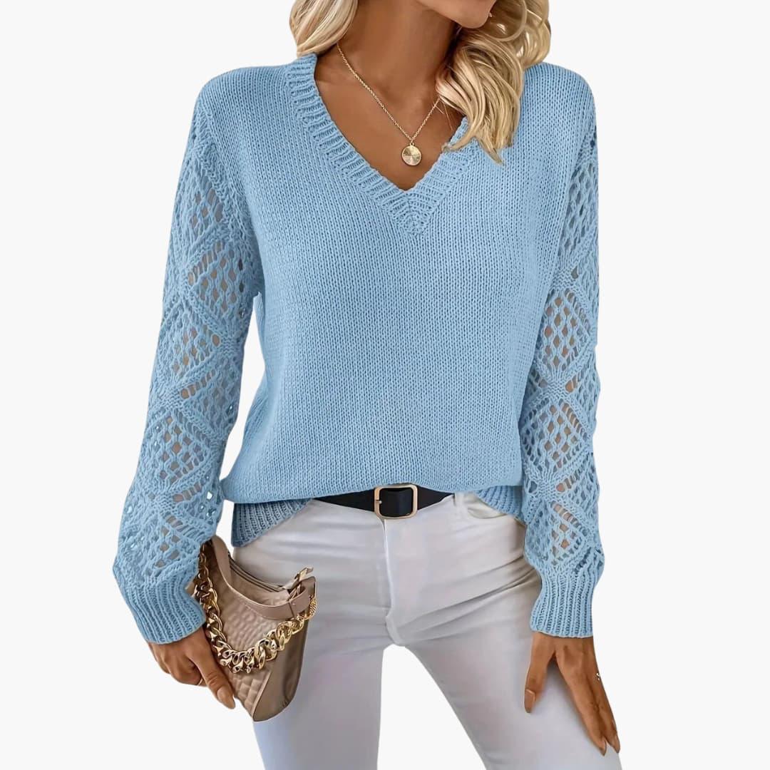 Elowen | Women's V-Neck Crochet Sleeve Relaxed Fit Jumper