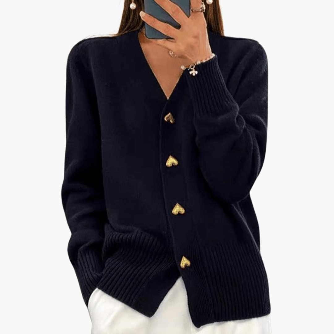 Elara | Women's Button-Up V-Neck Knit Heart-Button Cardigan