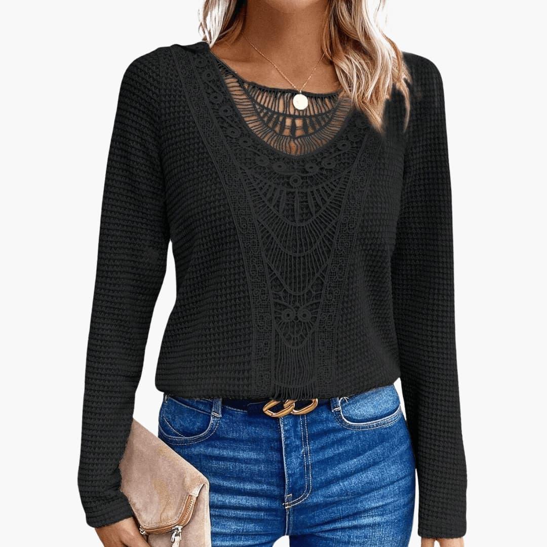 Elara | Women's Long Sleeve Crochet Waffle Knit Top
