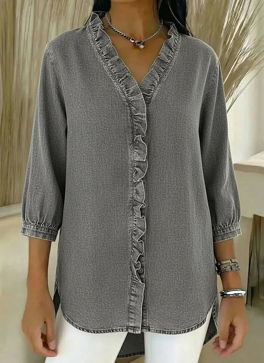 Delyth | Women's Denim V-Neck Ruffled Relaxed Fit Shirt