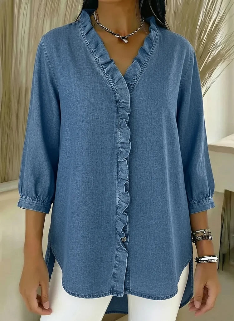 Delyth | Women's Denim V-Neck Ruffled Relaxed Fit Shirt
