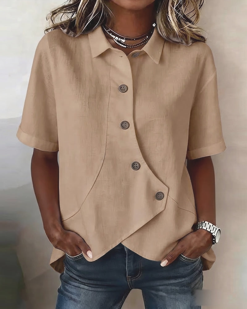 Marlowe | Women's Asymmetrical Placket Button Down Linen Blend Shirt