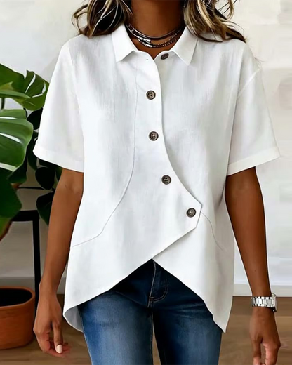 Marlowe | Women's Asymmetrical Placket Button Down Linen Blend Shirt