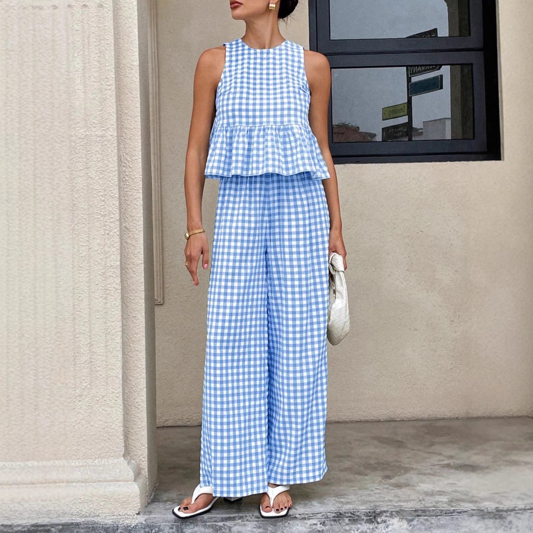 Tessa | Women's Gingham Sleeveless Peplum Top Wide Leg Pants Set