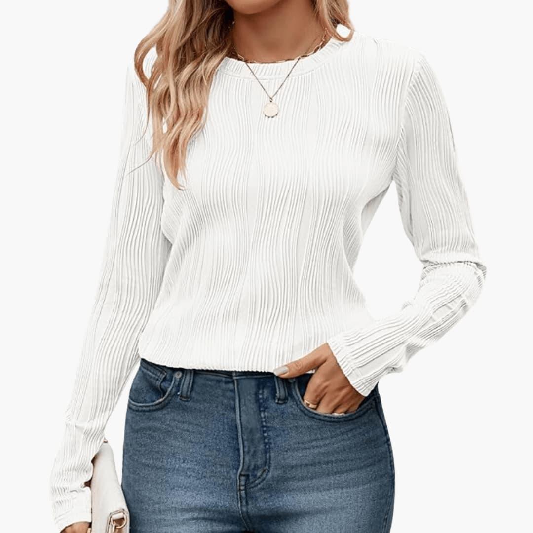 Elodie | Women's Ribbed Textured Round Neck Long Sleeve Top